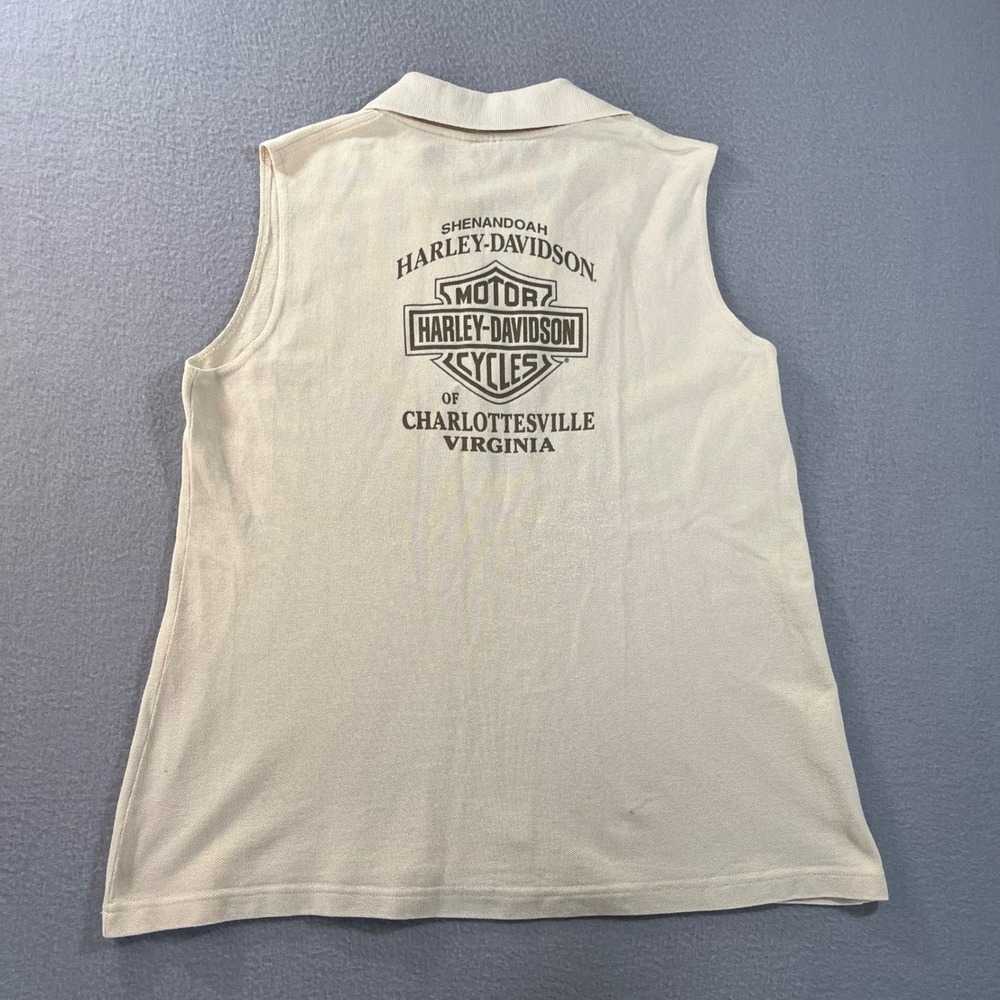 VTG Harley Davidson Sleeveless Polo Shirt Tan Shenandoah Virginia Women L Cotton - Picture 6 of 8